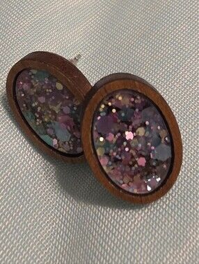 Jamielizabeth Wooden Oval Glitter Earrings - Purple Multi